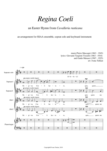 Regina Coeli (from Cavalleria rusticana) SSAA, soprano solo, piano/organ full version G major (arr. Ivana Tuskan)