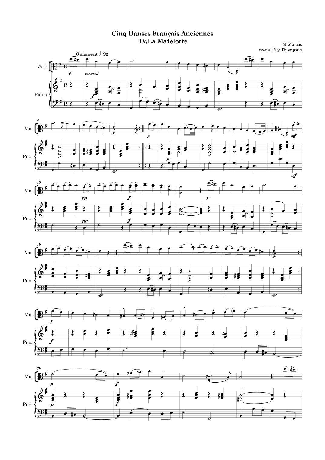 Marais: Cinq Danses Français Anciennes (Five Old French Dances) IV. La Matelotte - vln/vla/vc/piano (arr. Ray Thompson)