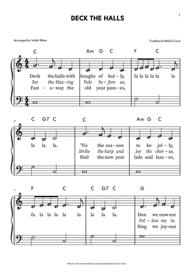Deck The Halls - Easy Beginner Piano with NOTE NAMES (Chords and Lyrics) (arr. Valdir Maia)