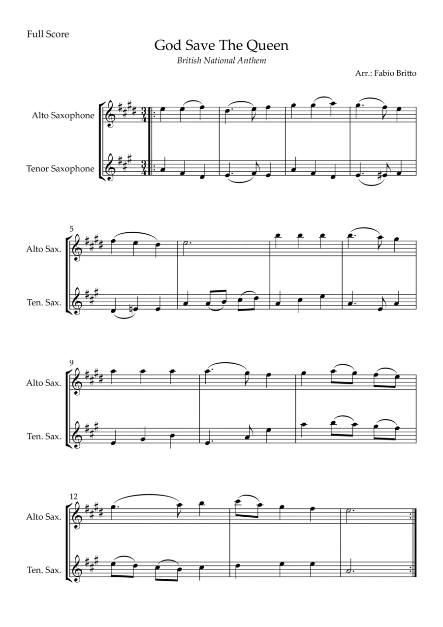 God Save The Queen (British National Anthem) for Alto Saxophone & Tenor Saxophone Duo (arr. Fabio Britto)
