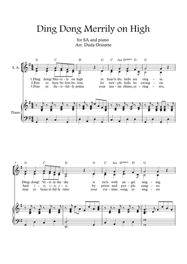 Ding Dong Merrily on High  (SA - G major - 1 staff - with chords - with piano) (arr. Duda Oriontte)