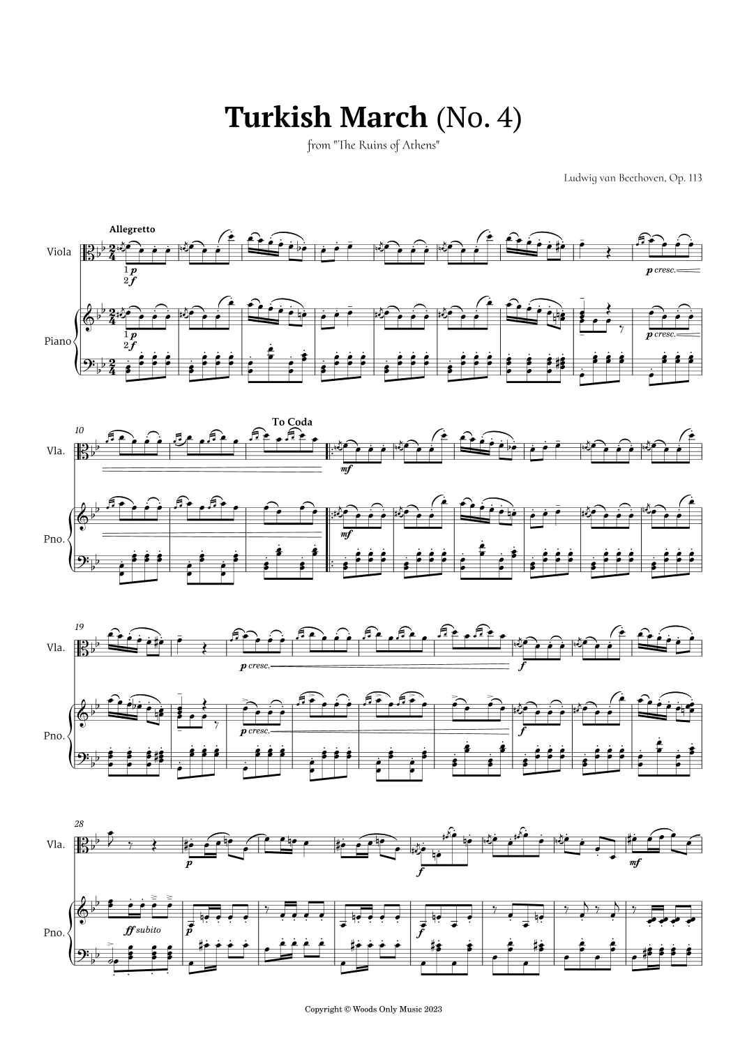 Turkish March by Beethoven for Viola and Piano (arr. Ander)