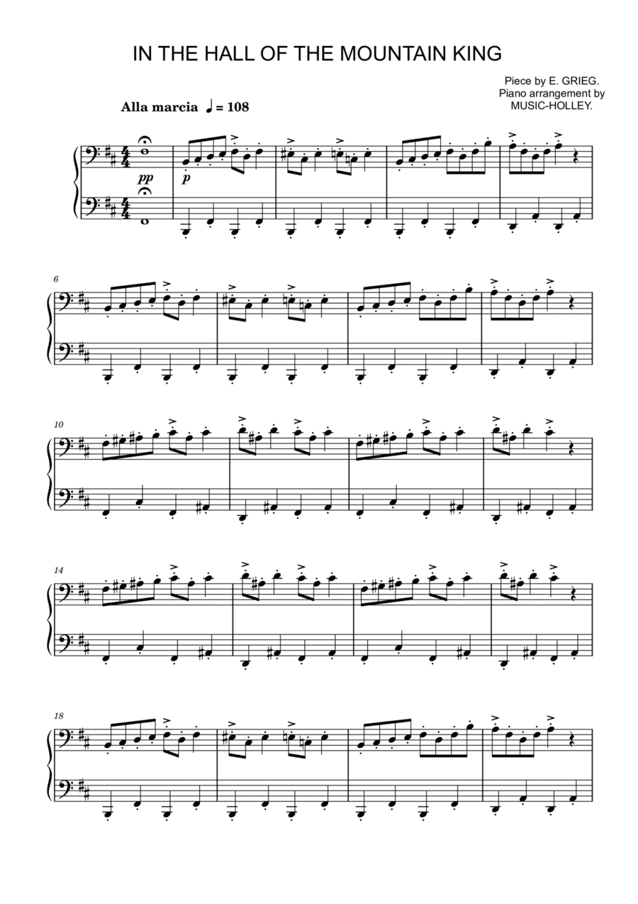 Grieg - In the hall of the mountain king (easy piano) (arr. Music-holley)