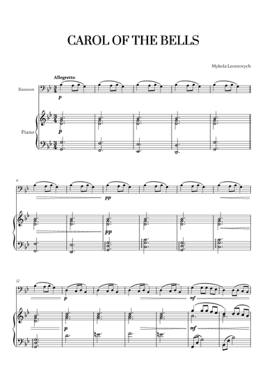 Carol of the Bells (Very Easy/Beginner) (for Bassoon and Piano) (arr. Cadenza Editions)