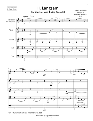 Langsam, for Clarinet and String Quartet, from Five Pieces in Folk Style, Op. 102 (arr. Alexander Timofeev)