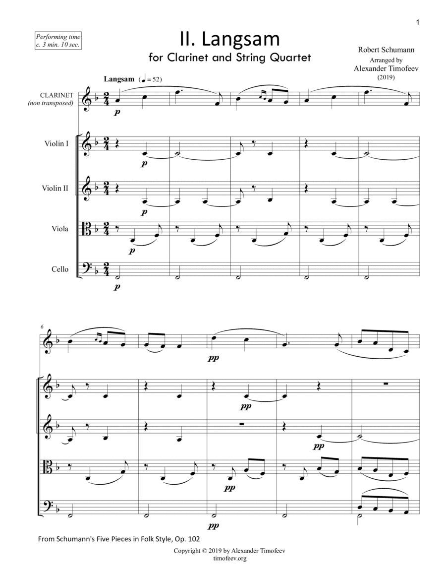 Langsam, for Clarinet and String Quartet, from Five Pieces in Folk Style, Op. 102 (arr. Alexander Timofeev)