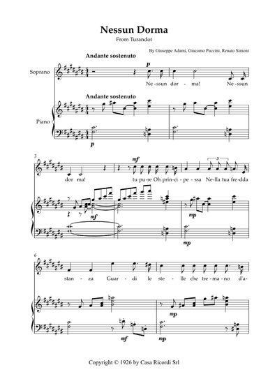 Nessun Dorma - Soprano & Piano (arr. Karen Gueiros)