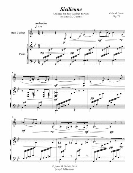 Fauré: Sicilienne for Bass Clarinet & Piano (arr. James M. Guthrie, ASCAP)
