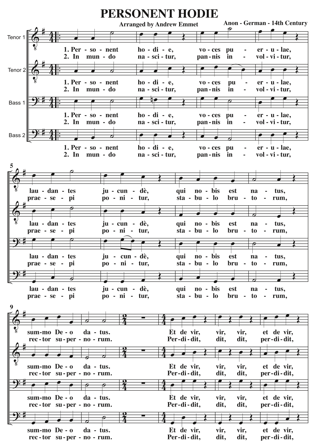 Personent Hodie A Cappella TTBB (arr. Andrew Emmet)