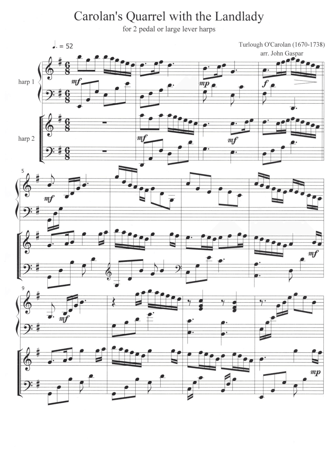 Carolan's Quarrel with the Landlady  for 2 harps (arr. John A. Gaspar)