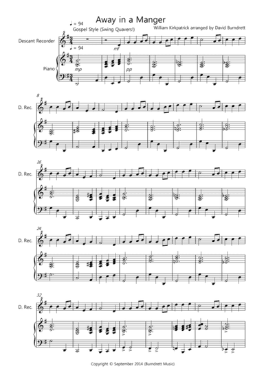 Away in a Manger (Gospel Style!) for Descant Recorder and Piano (arr. David Burndrett)