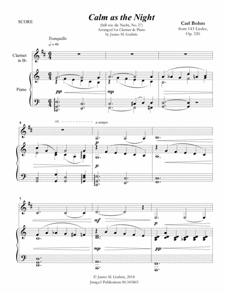 Bohm: Calm as the Night for Clarinet & Piano (arr. James M. Guthrie, ASCAP)