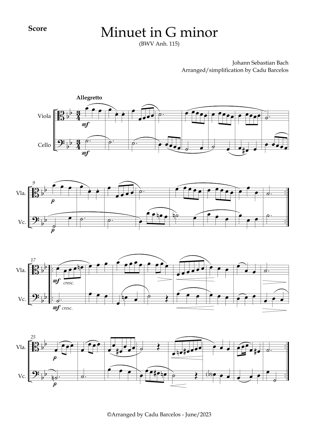Minuet in G minor BWV anh 115 (Bach) Viola and Cello (arr. Cadu Barcelos)