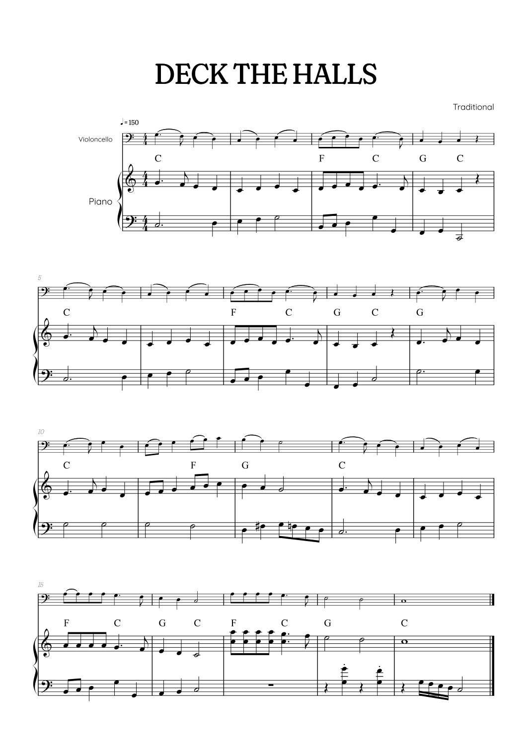 Deck the Halls for cello with piano accompaniment • easy Christmas song sheet music with chords (arr. Benzaiten Editions)