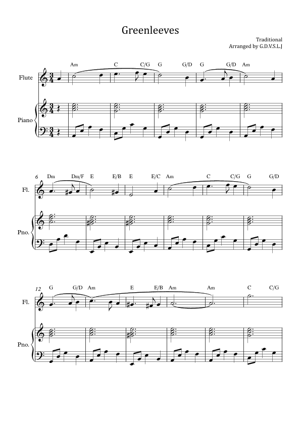 Greensleeves - Flute + Piano Accompaniment (arr. G.D.V.S.L.J)