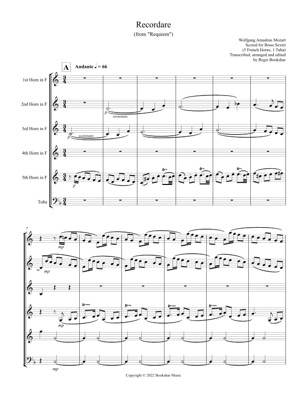 Recordare (from "Requiem") (F) (Brass Sextet - 5 Hrn, 1 Tuba) (arr. Regis Bookshar)