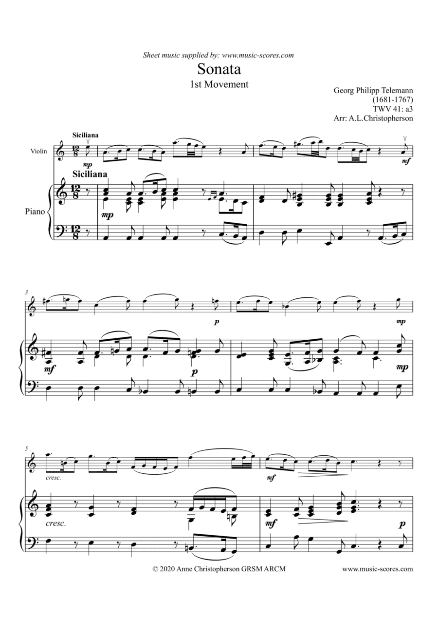 Telemann Sonata in A Minor TWV 41:a3, 1st Movement: Siciliano - Violin and Piano (arr. Anne L Christopherson GRSM ARCM)