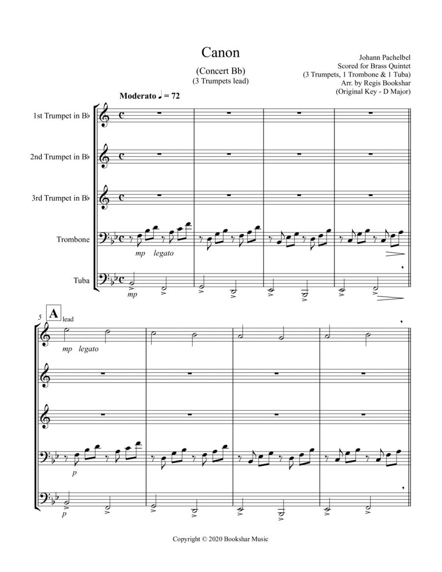 Canon (Pachelbel) (Bb) (Brass Quintet - 3 Trp, 1 Trb, 1 Tuba) (arr. Regis Bookshar)