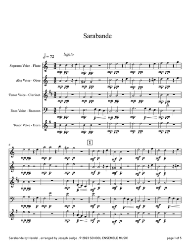 Sarabande by Handel for Woodwind Quartet in Schools (arr. Joseph Judge)