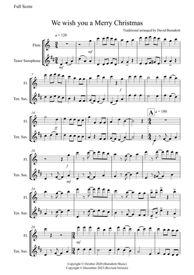 We Wish You a Merry Christmas for Flute and Tenor Saxophone Duet (arr. David Burndrett)