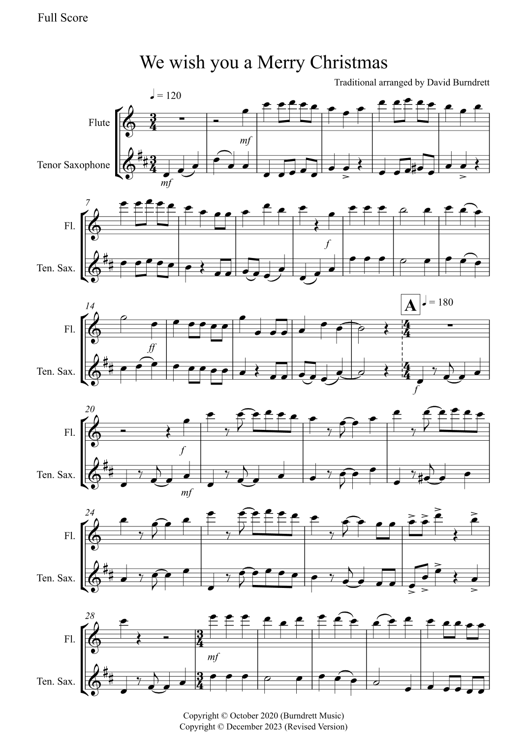 We Wish You a Merry Christmas for Flute and Tenor Saxophone Duet (arr. David Burndrett)