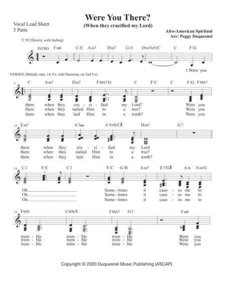 Were You There? (When They Crucified My Lord) Vocal Key C - Db (3 part harmony) (arr. Duquesnel Music Publishing)