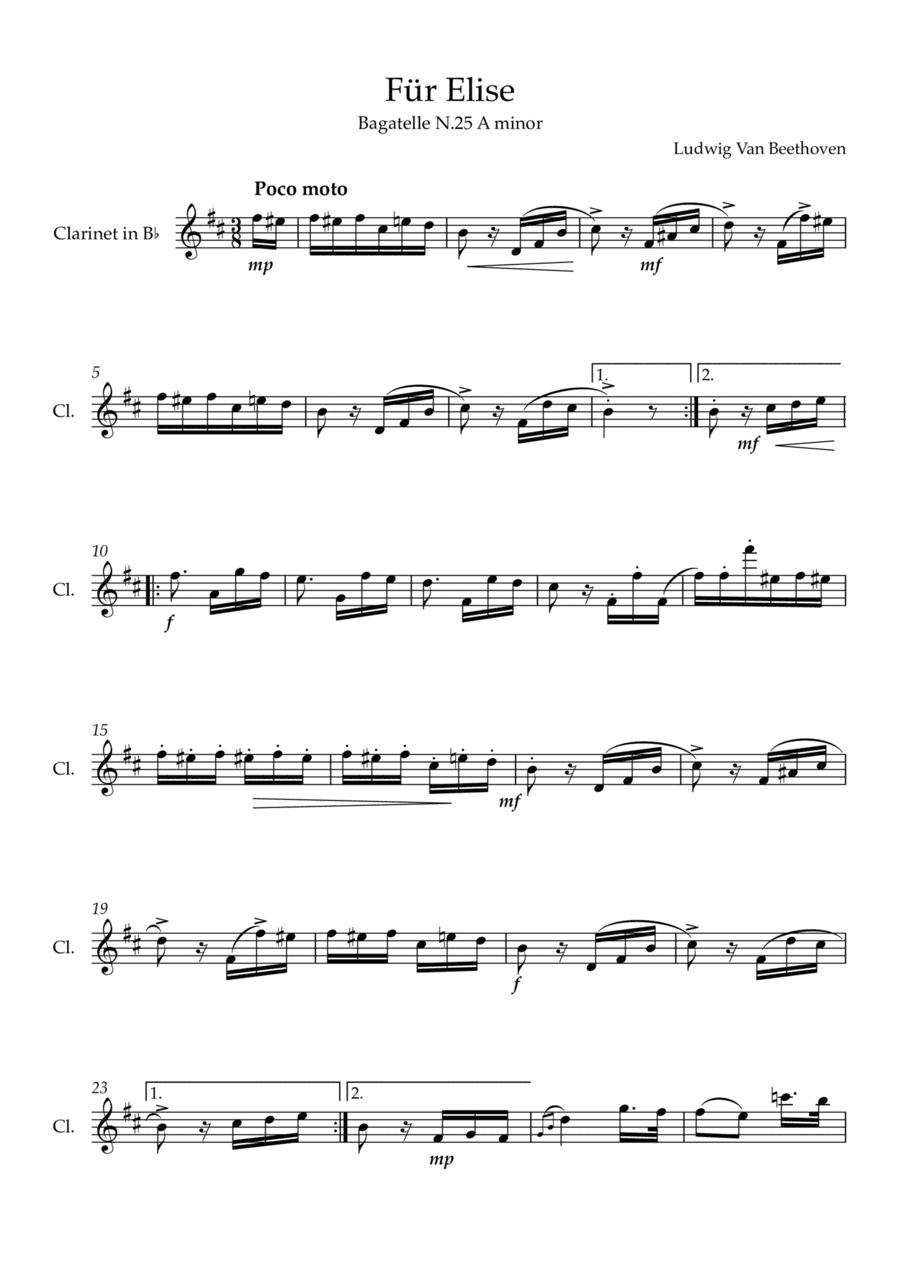 Für Elise (Complete) - Solo Bb Clarinet (Transposed) (arr. Karen Rodrigues da Rocha)