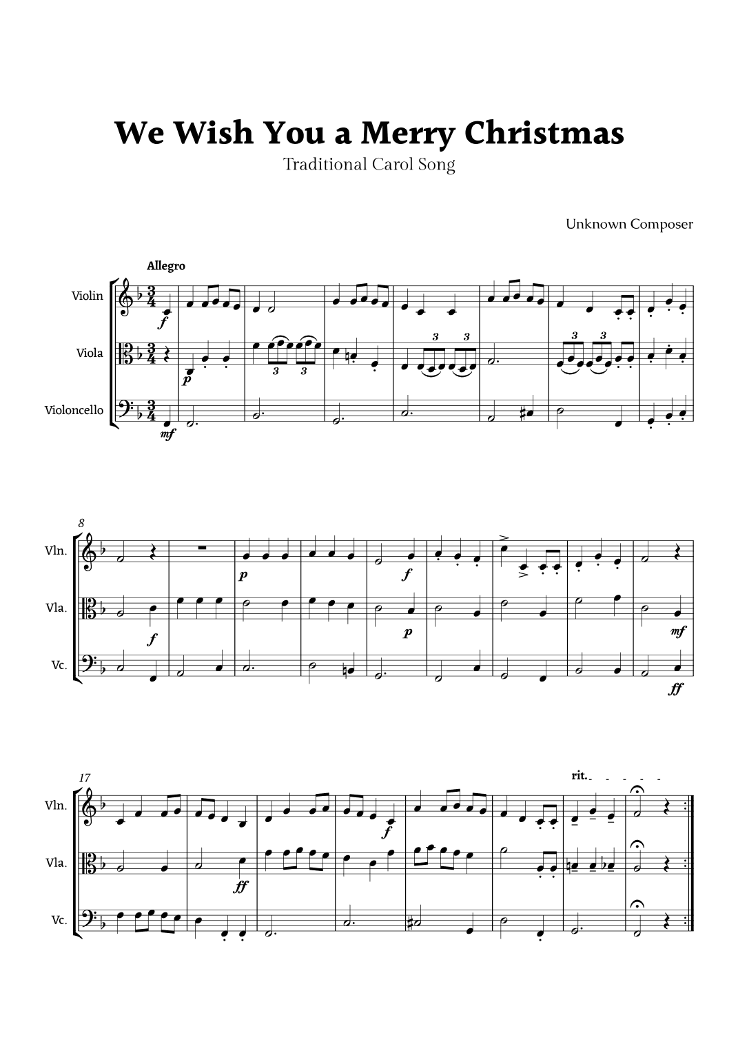 We Wish you a Merry Christmas for String Trio with Chords (arr. Rika K.)