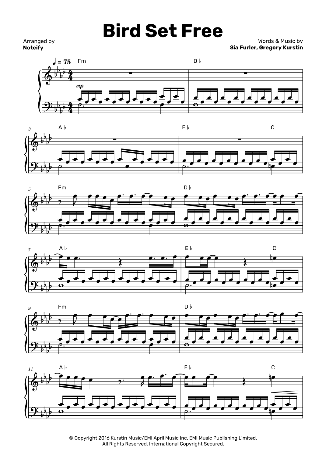 Bird Set Free (arr. Noteify)