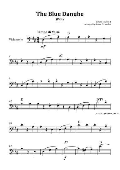 The Blue Danube - Cello Solo with Chord Notations (arr. Glauco Fernandes)