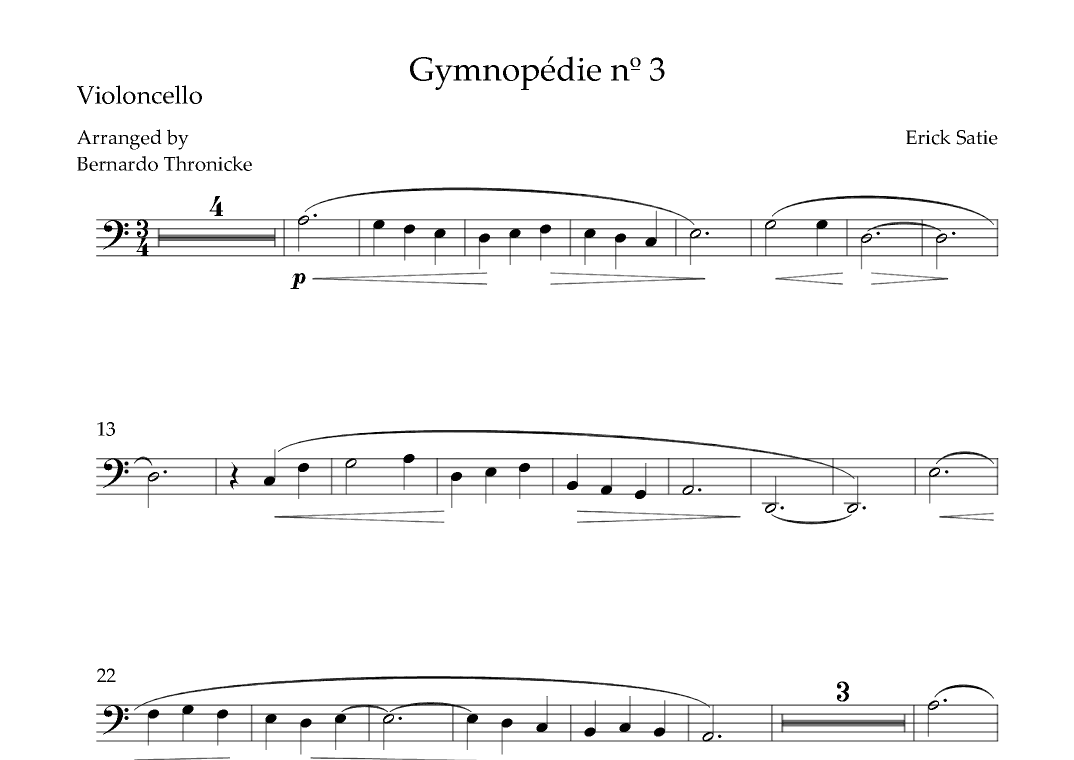 Gymnopédie nº 3 - For Cello (arr. Bernardo Thronicke)