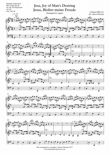 Jesu, Joy of Man's Desiring (Jesus, bleibet meine Freude) for organ solo (J S Bach) arr. Simon Peber (arr. Simon Peberdy)