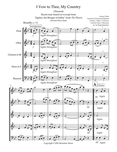 I Vow to Thee, My Country (Thaxted) (Bb) (Woodwind Quintet - 1 Flute, 1 Oboe, 1 Clar, 1 Hrn, 1 Basso (arr. Regis Bookshar)