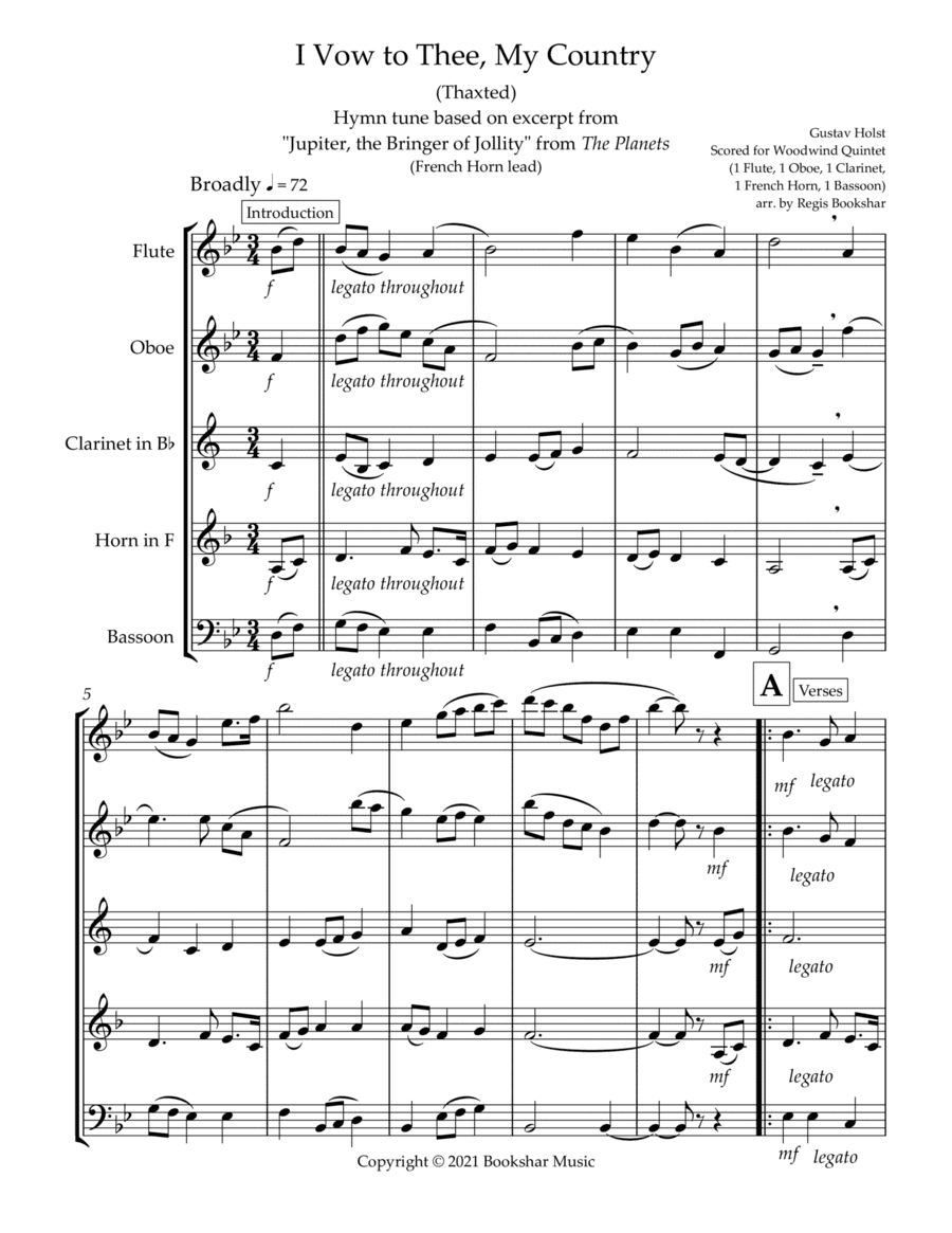 I Vow to Thee, My Country (Thaxted) (Bb) (Woodwind Quintet - 1 Flute, 1 Oboe, 1 Clar, 1 Hrn, 1 Basso (arr. Regis Bookshar)