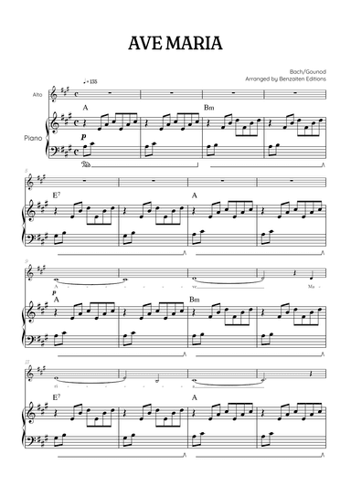 Bach / Gounod Ave Maria in A major • contralto sheet music with piano accompaniment and chords (arr. Benzaiten Editions)