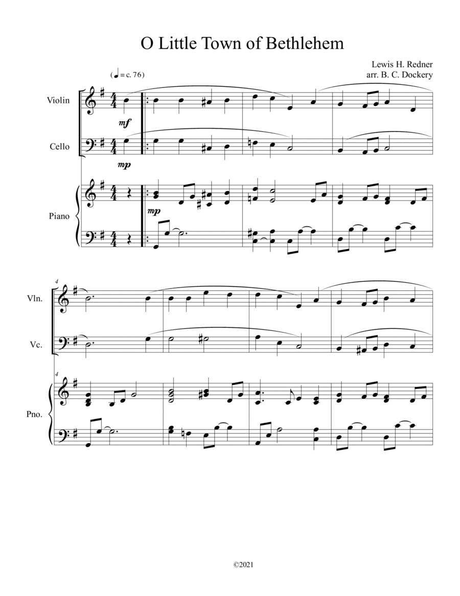 O Little Town of Bethlehem (Violin and Cello Duet) with piano accompaniment (arr. B. C. Dockery)