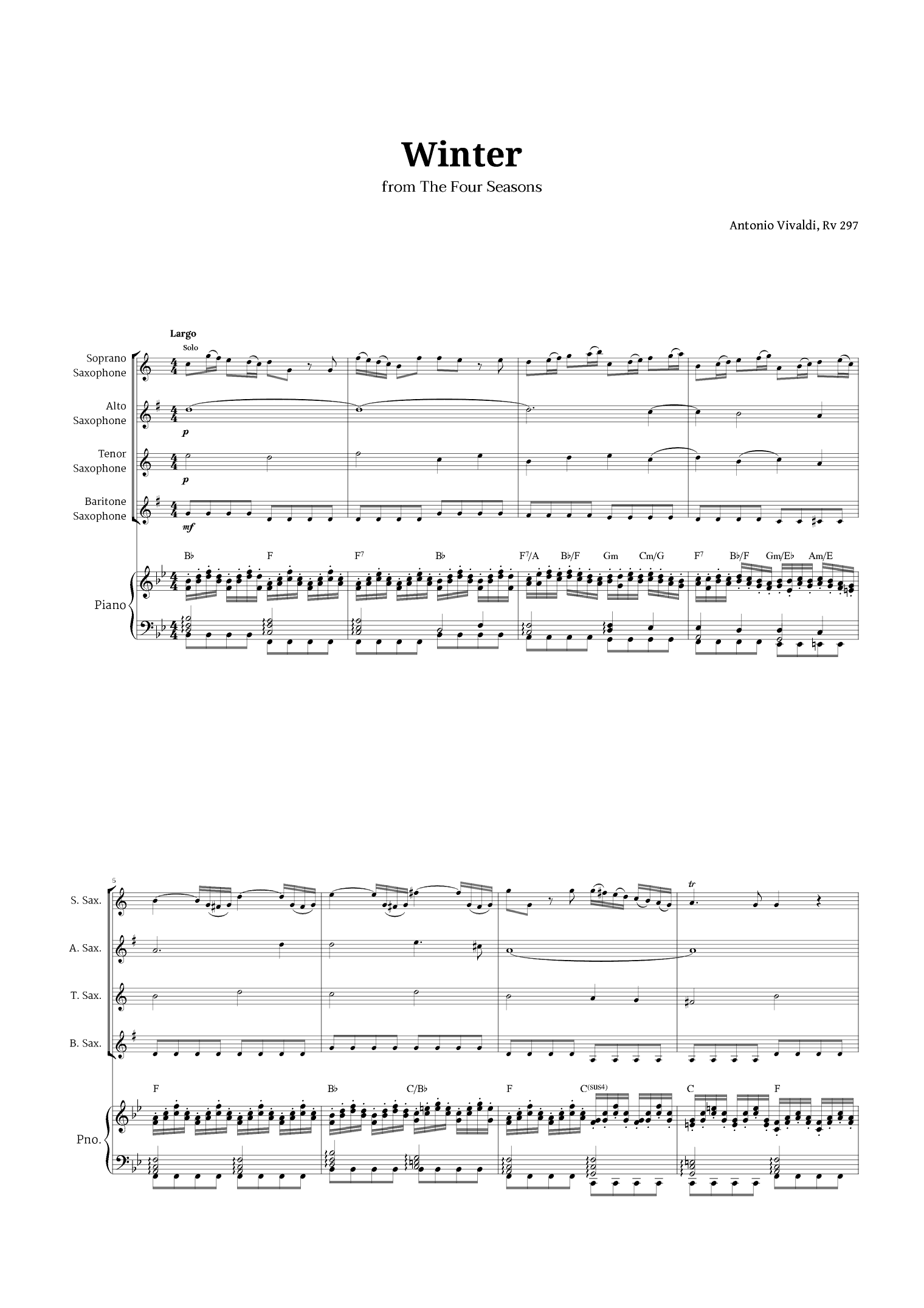 Largo from Winter by Vivaldi for Sax Quartet and Piano with Chords (arr. Langanho)