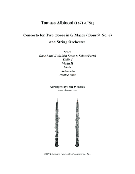 Concerto for Two Oboes in G Major, Op. 9 No. 6 and String Orchestra (arr. Don Werdick (1946 - ))