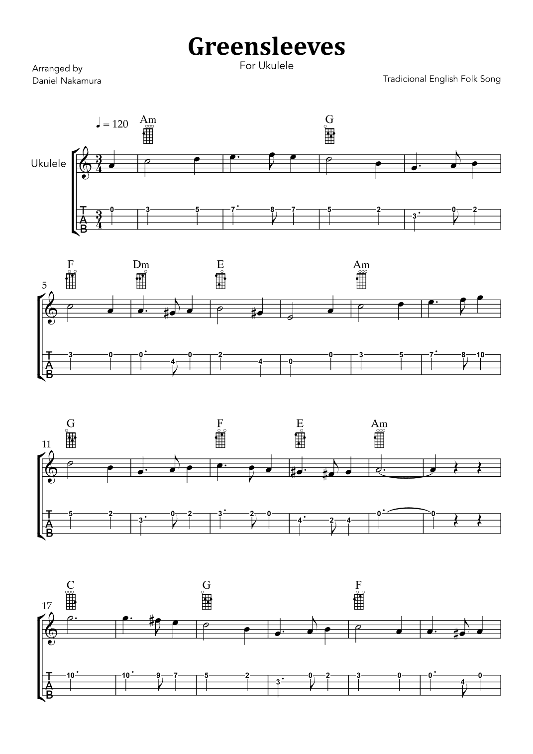 Greensleeves (For Ukulele with TAB) (arr. Daniel Nakamura)