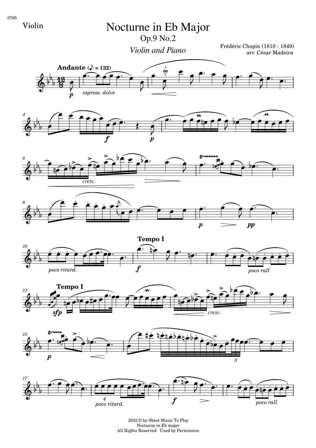 Nocturne Op.9 No.2 by Chopin - Violin and Piano (Individual Parts) (arr. César Madeira)