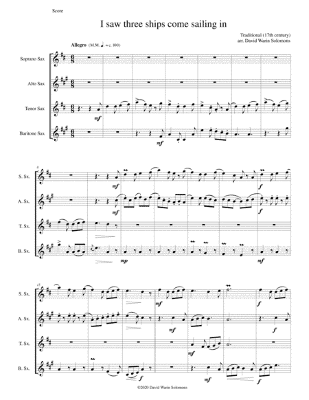 Variations on "I saw three ships come sailing in" for saxophone quartet (arr. David Warin Solomons)