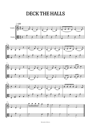 Deck the Halls for violin and viola duet • easy Christmas song sheet music (arr. Benzaiten Editions)