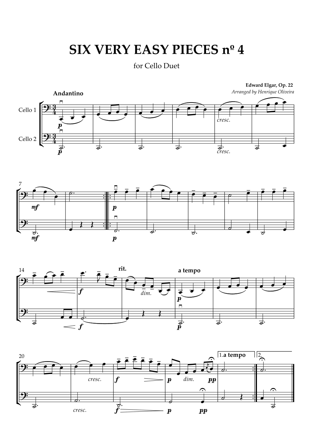 Six Very Easy Pieces nº 4 (Andantino) - Cello Duet (arr. Henrique Oliveira)