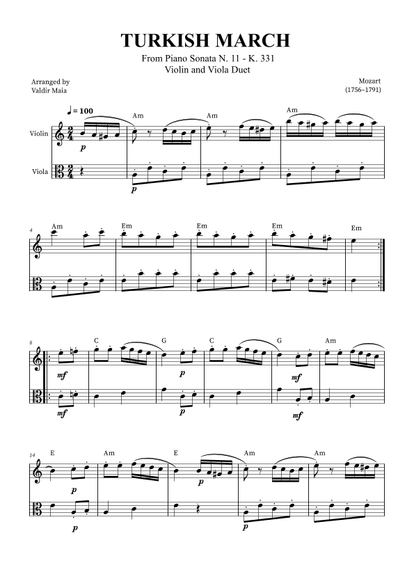Turkish March - Violin and Viola (with chords) (arr. Valdir Maia)