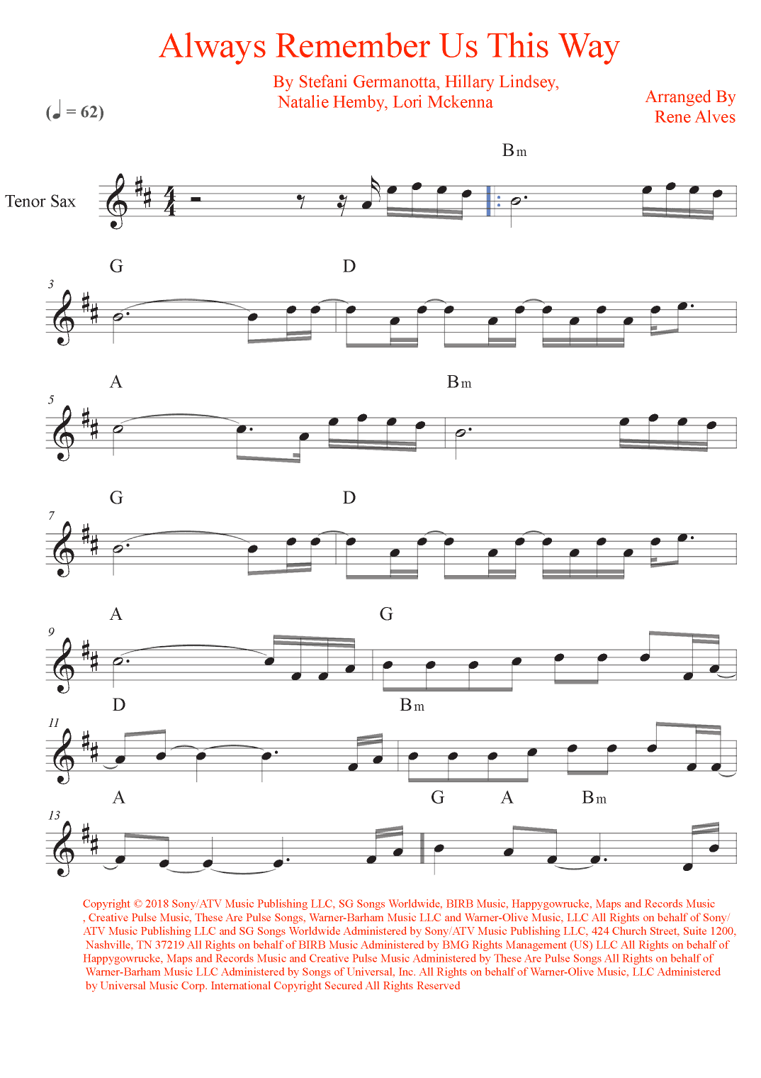 Always Remember Us This Way (arr. Rene Alves)