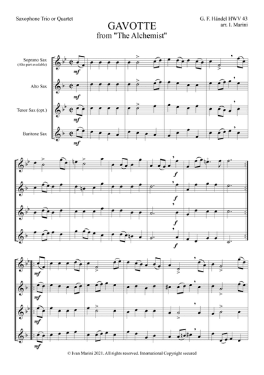 GAVOTTE from The Alchemist - by G. F. Haendel - for Saxophone Trio or Quartet (arr. Ivan Marini)