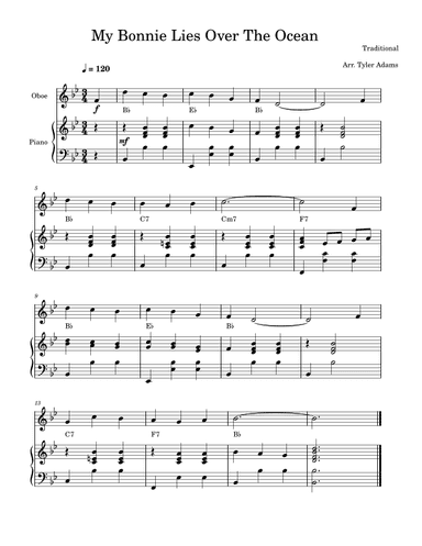 My Bonnie Lies Over The Ocean (Easy Oboe) (arr. Tyler Adams)