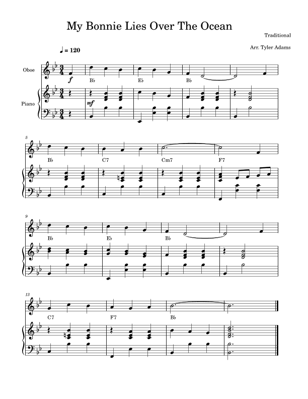 My Bonnie Lies Over The Ocean (Easy Oboe) (arr. Tyler Adams)