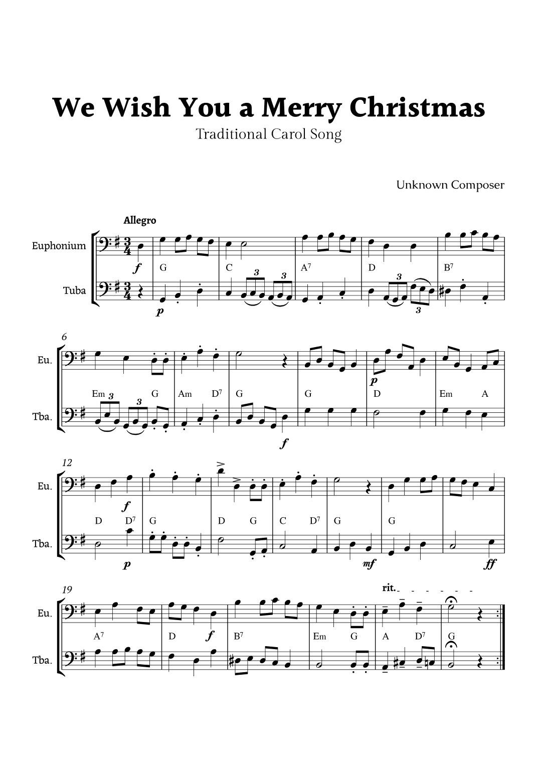 We Wish you a Merry Christmas for Euphonium and Tuba Duet with Chords (arr. Rika K.)