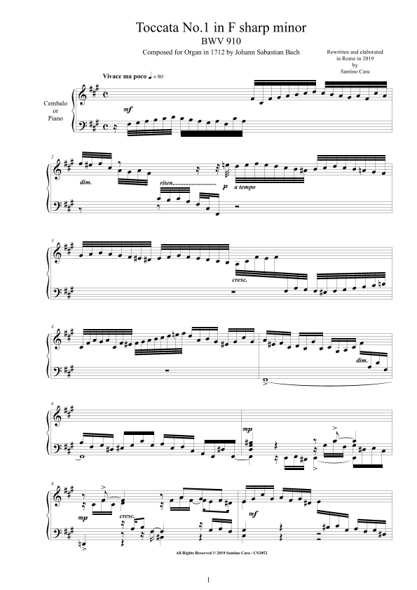 Bach - Toccata No.1 in F sharp minor BWV 910 for Harpsichord or Piano - Complete score (arr. Santino Cara)